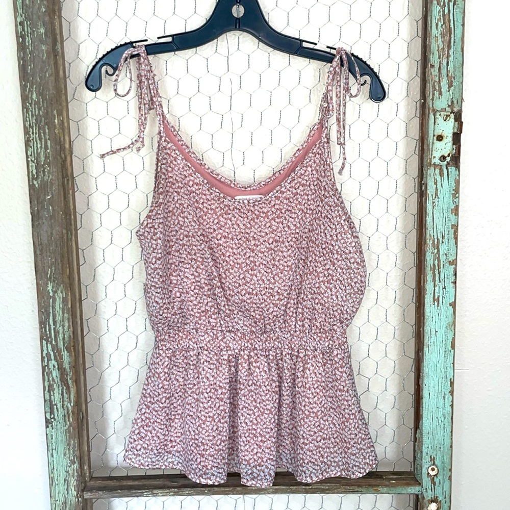 Fully Lined, Spaghetti Strap, Ruffle Blouse. Pink/white/blue Flora, Gold stripes